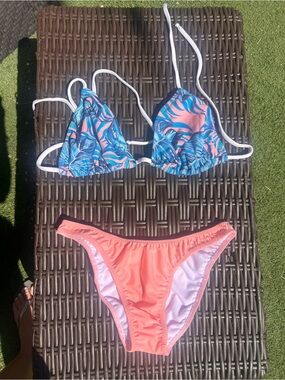Tropical Leaf Triangle Bikini Set in Blue and Coral